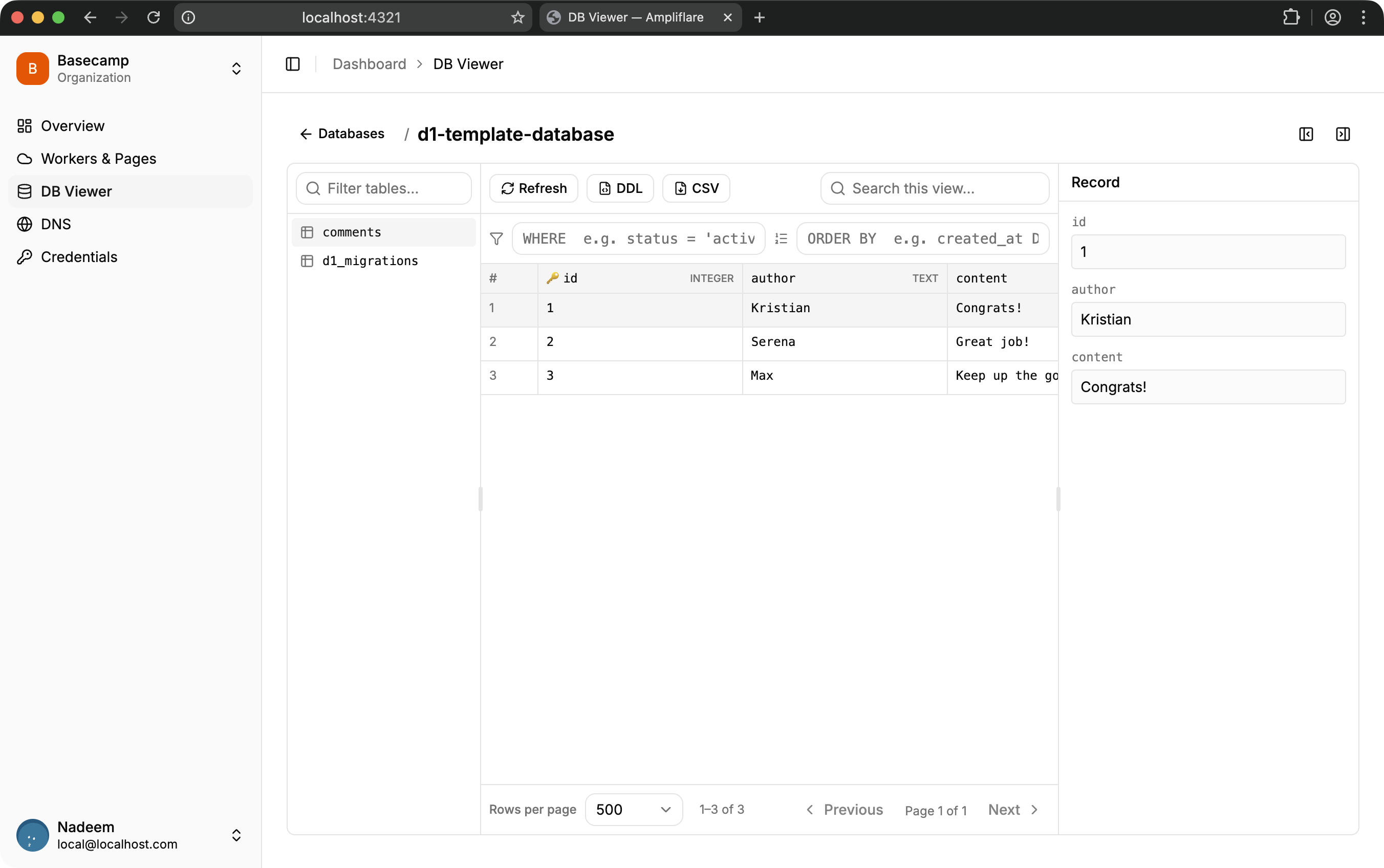 The Ampliflare dashboard